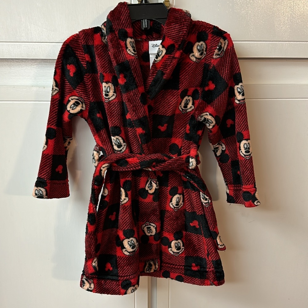 DISNEY MICKEY MOUSE PLUSH BATH ROBE. Size 2T/3T. Red/Black. EXCELLENT CONDITION.